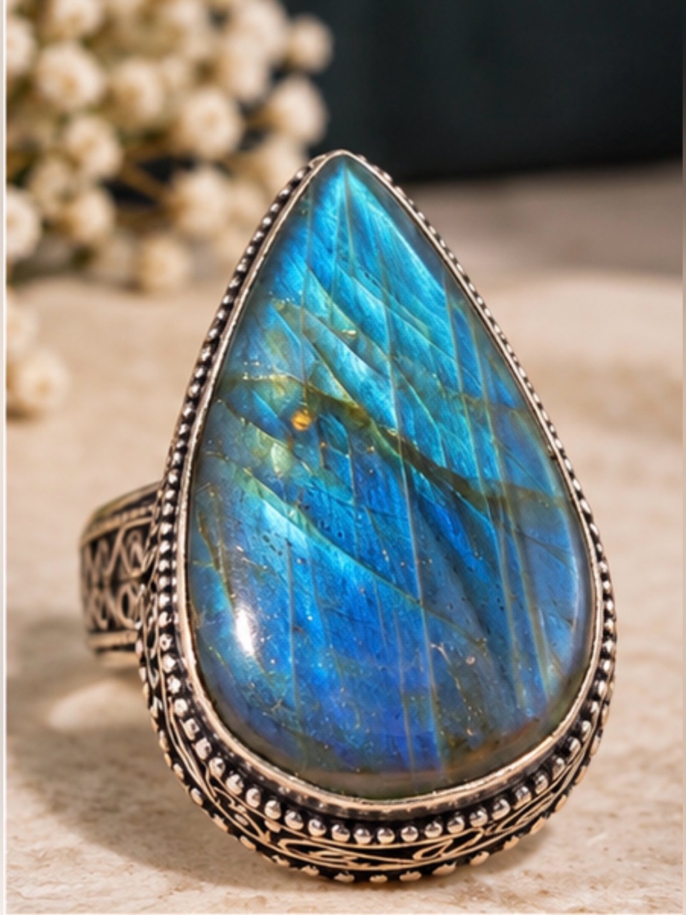 925 sterling silver Labradorite Teardrop Statement Ring - Blue